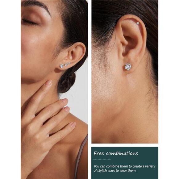 6 Pairs Stud Earrings Set, Hypoallergenic Cubic Zirconia 316L Earrings 316L - Picture 3 of 7